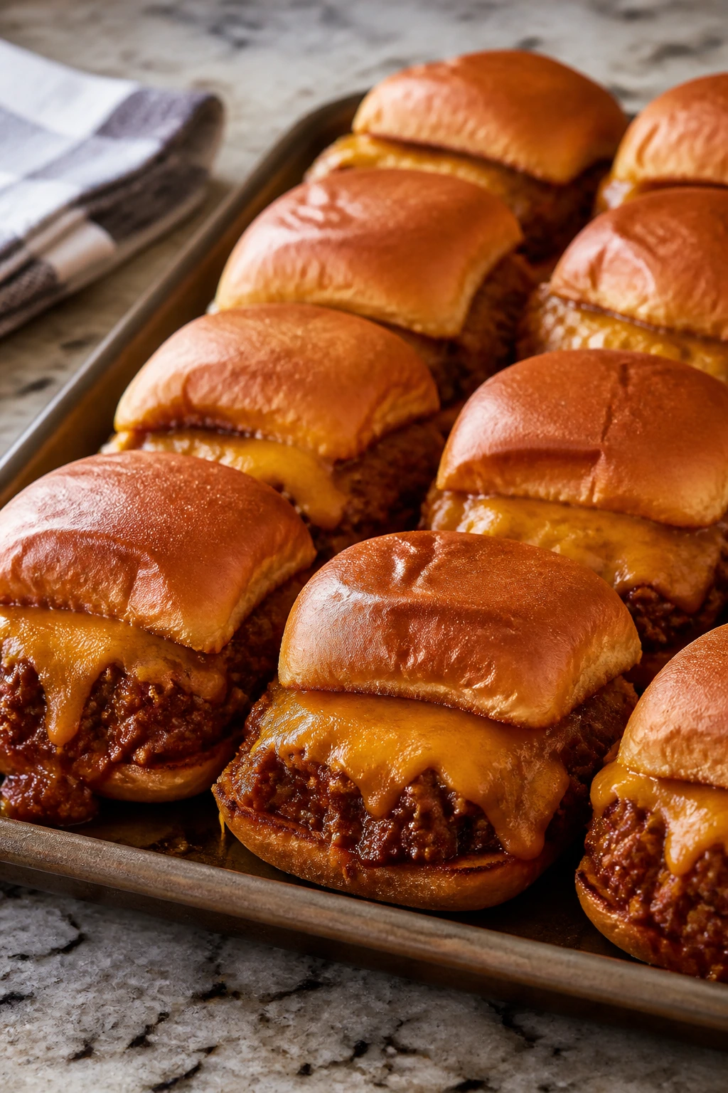 Tray of sloppy joe sliders with melted cheese on buns