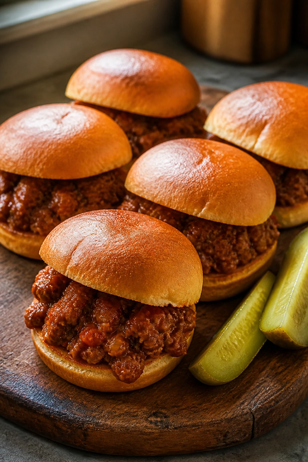 Close-up of glossy Sloppy Joe sliders on a rustic board in warm kitchen light