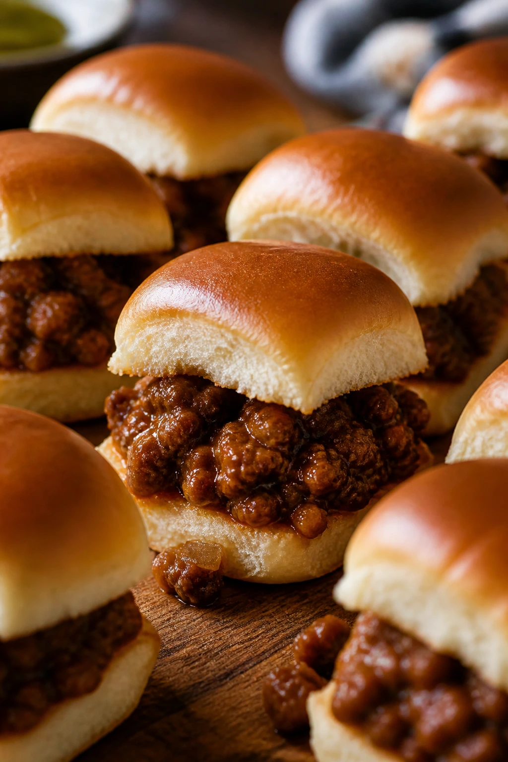Mini sloppy joe sliders on a wooden board.