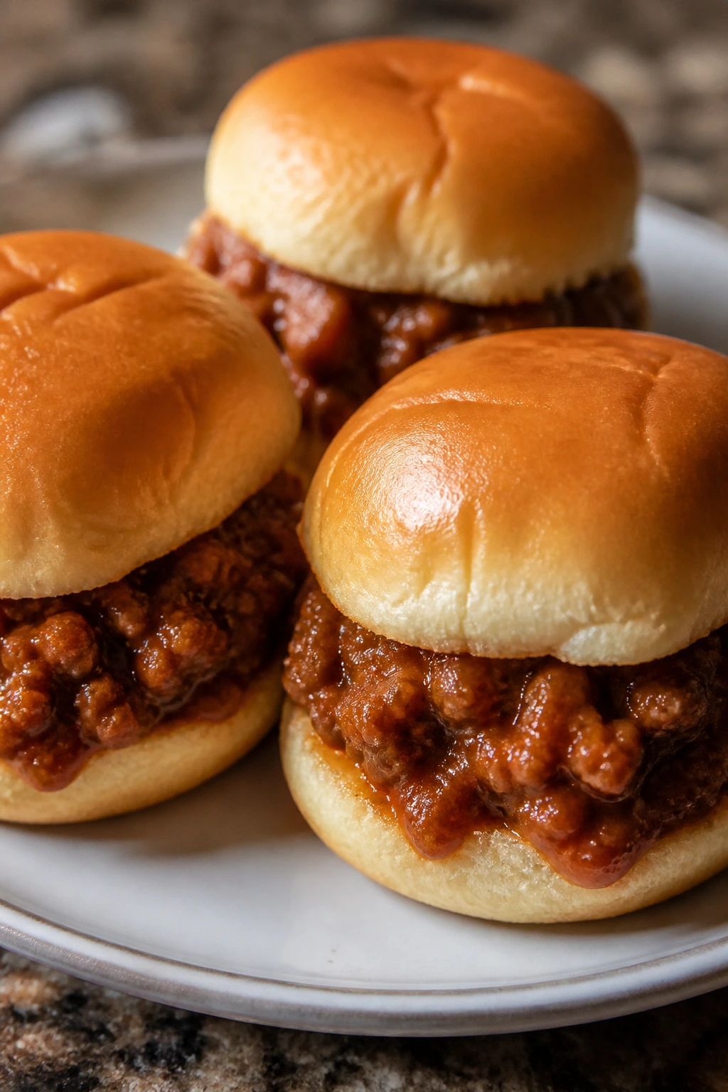 Close-up of tiny sloppy joe sliders on a plate
