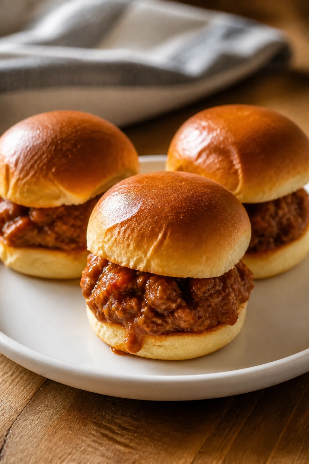 Three mini sloppy joe sliders with glossy sauce on a plate.