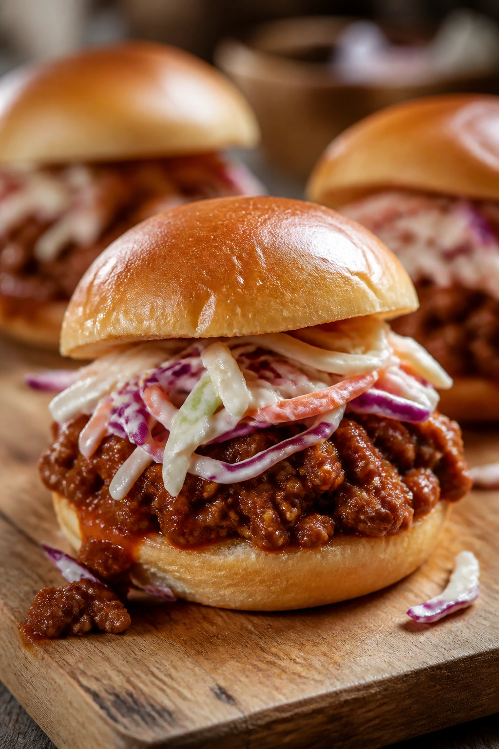 Close-up of a sloppy Joe slider with tangy slaw