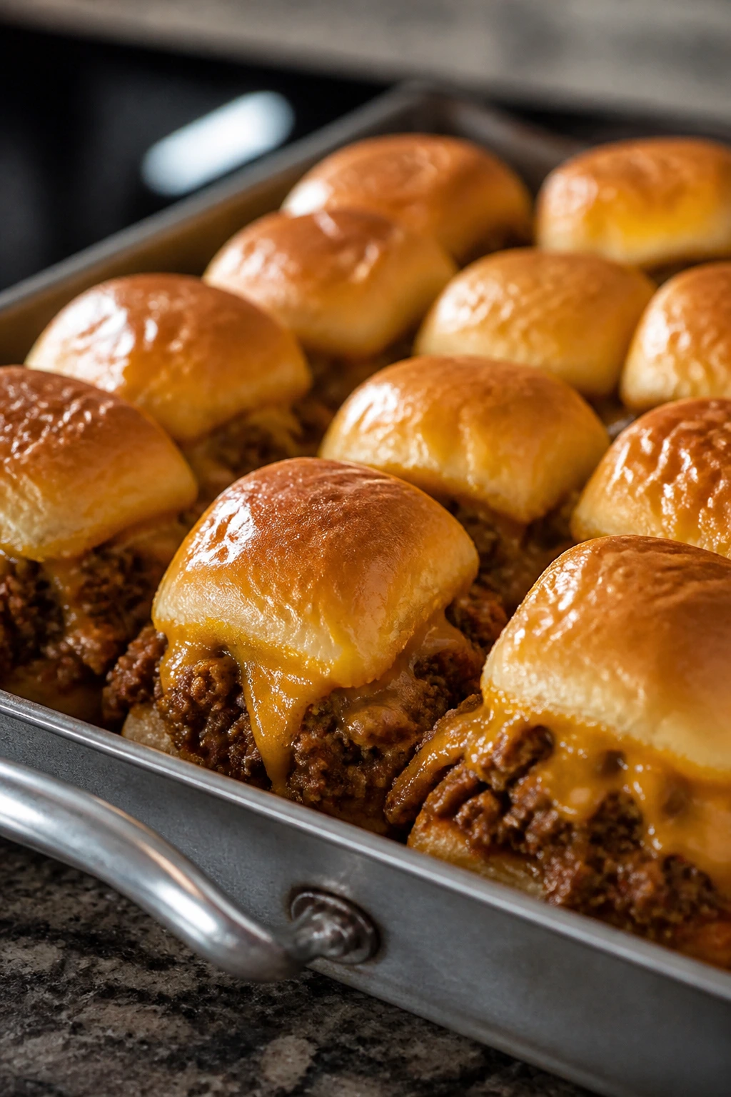 Close-up of sloppy joe sliders with cheddar on a tray, ready to serve.
