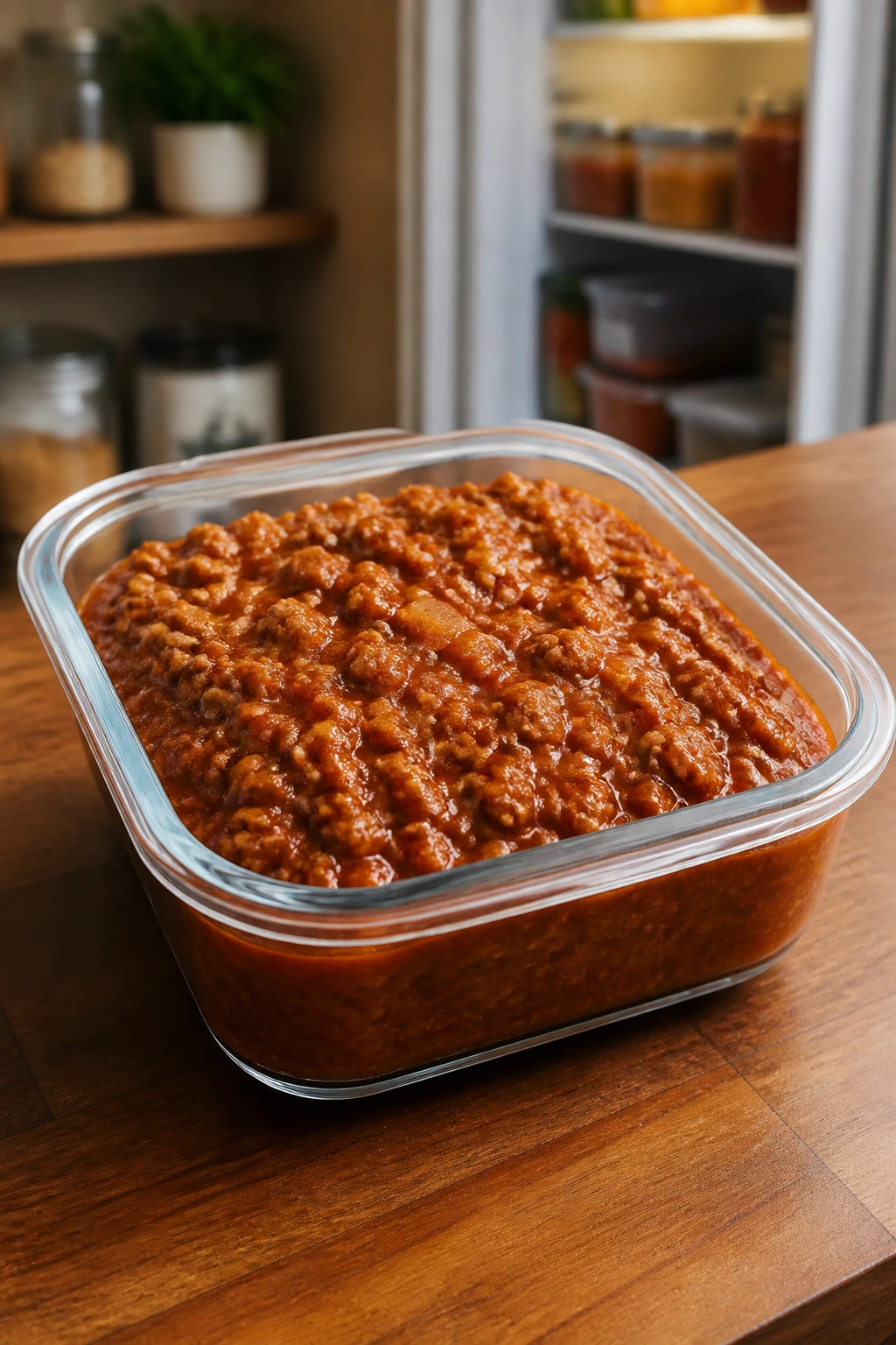 Glass dish with thick sloppy joe filling on wooden counter