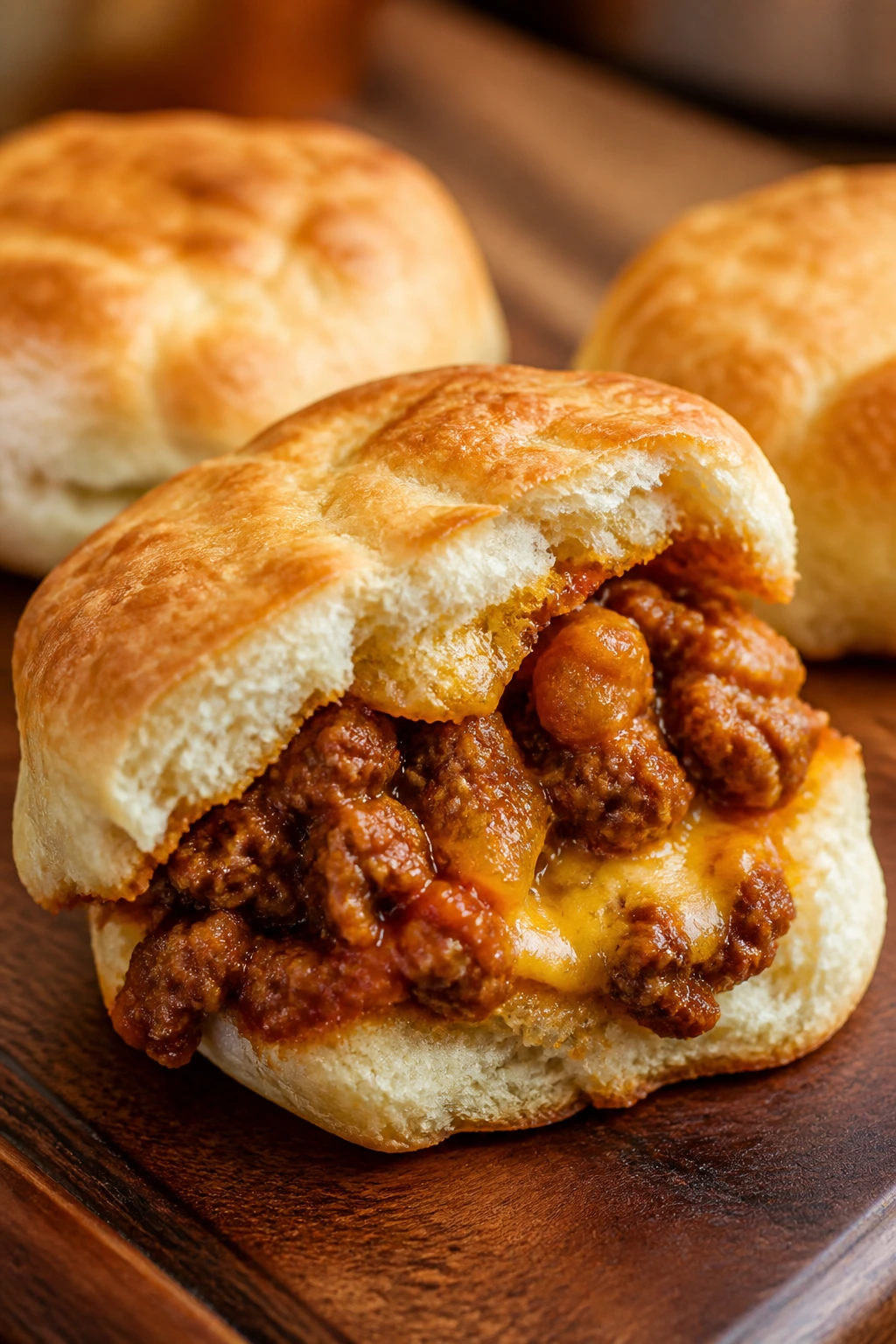 Split biscuit showing saucy sloppy joe filling inside