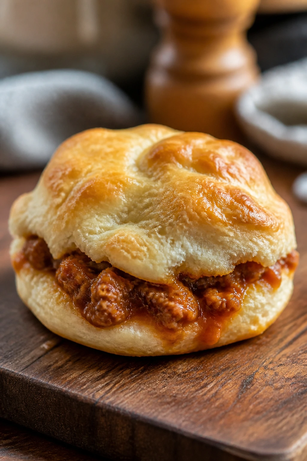 Close-up of a golden Sloppy Joe stuffed biscuit with visible saucy filling on a wooden board