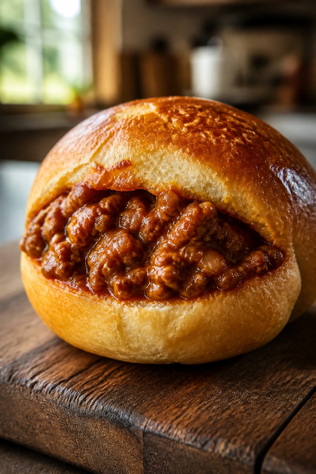 Close-up of a toasted bun filled with saucy Sloppy Joe