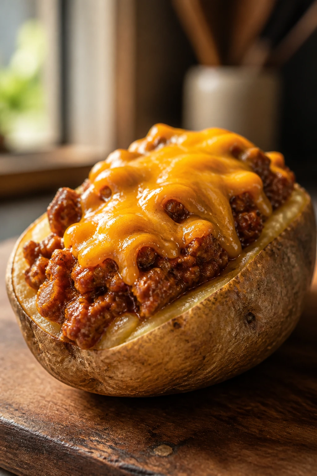 Close-up of a stuffed baked potato half with sloppy joe filling and melted cheddar