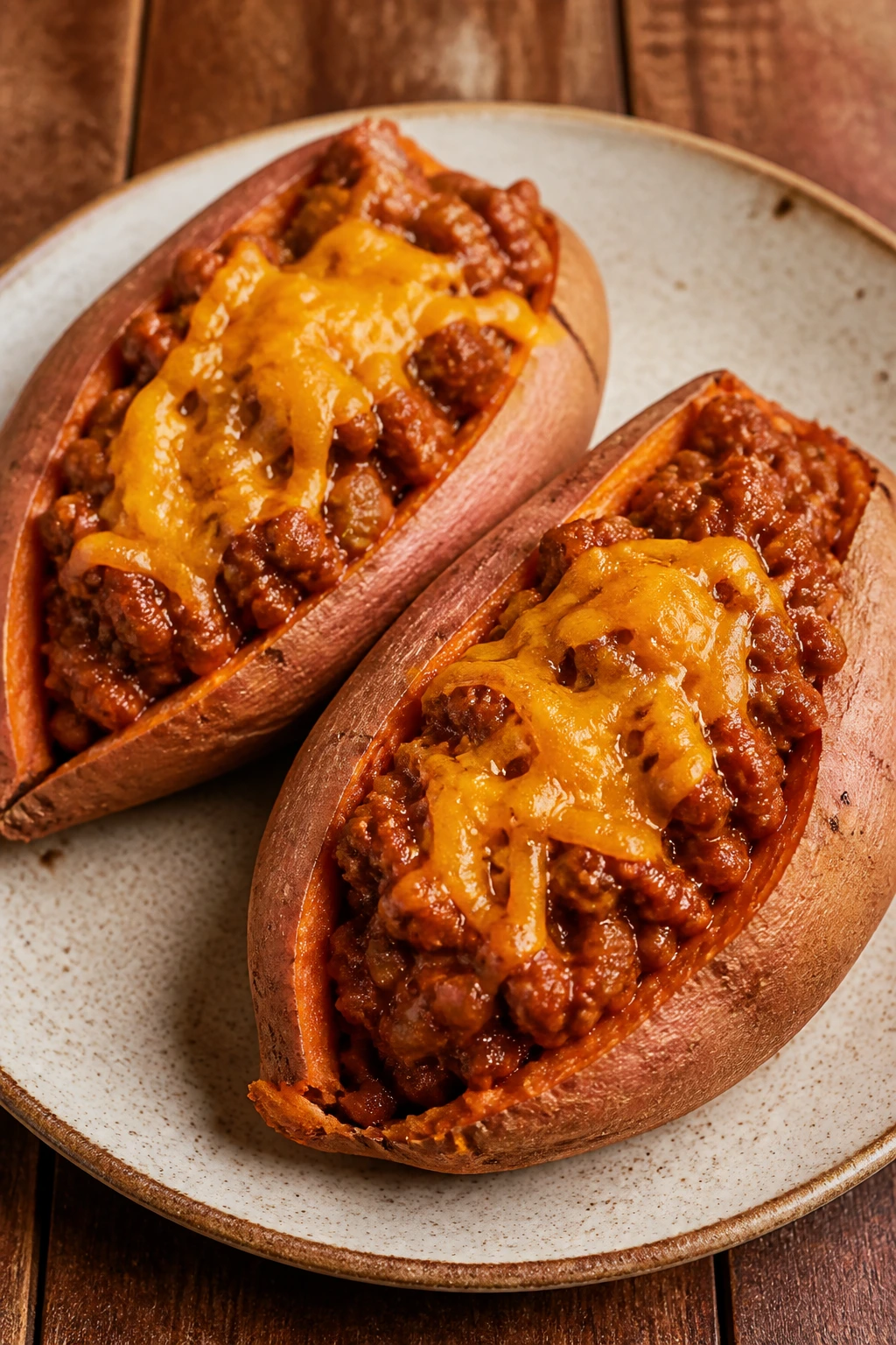 Close-up of stuffed sweet potatoes with sloppy joe filling