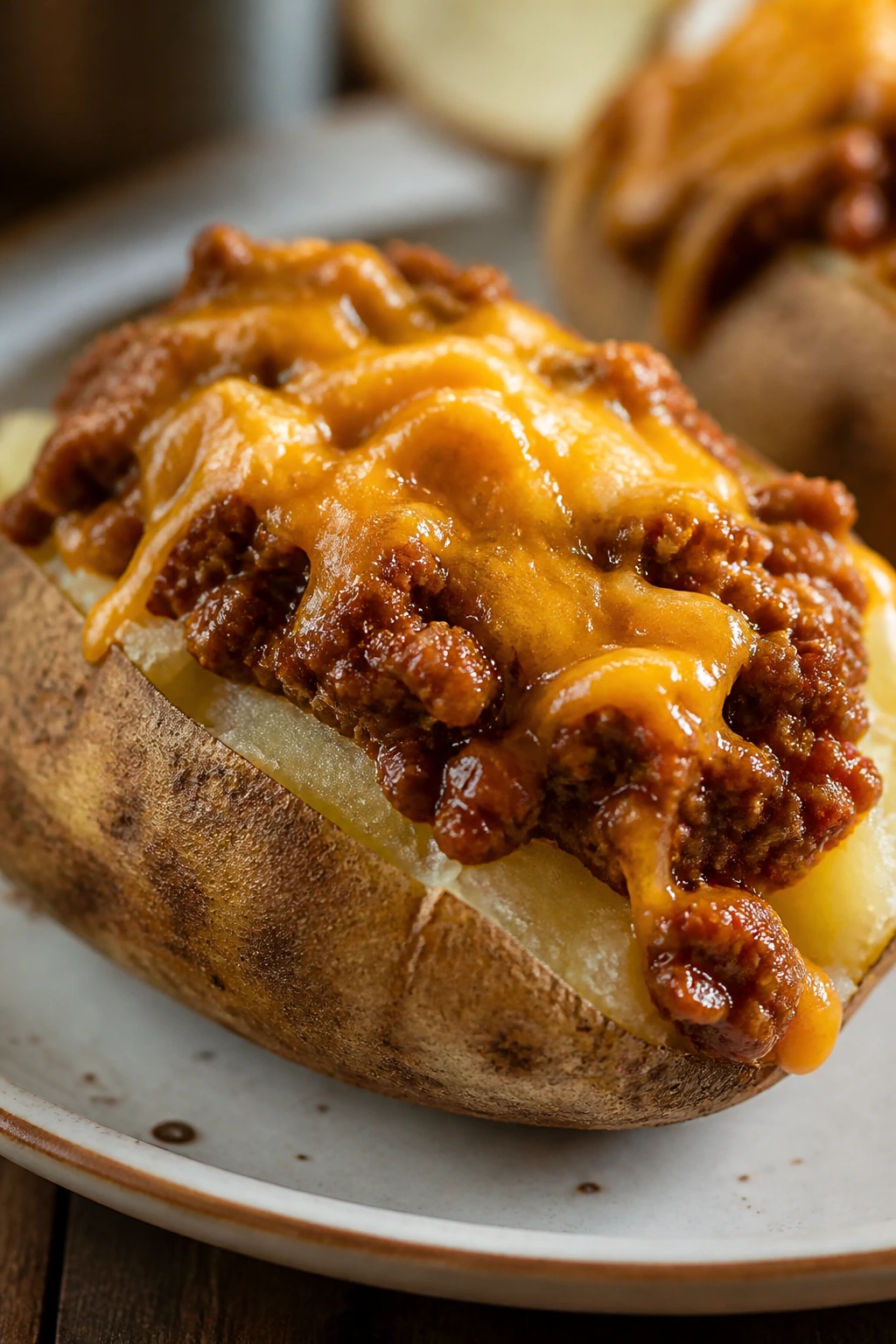 Russet potato stuffed with sloppy joe beef and melted cheese