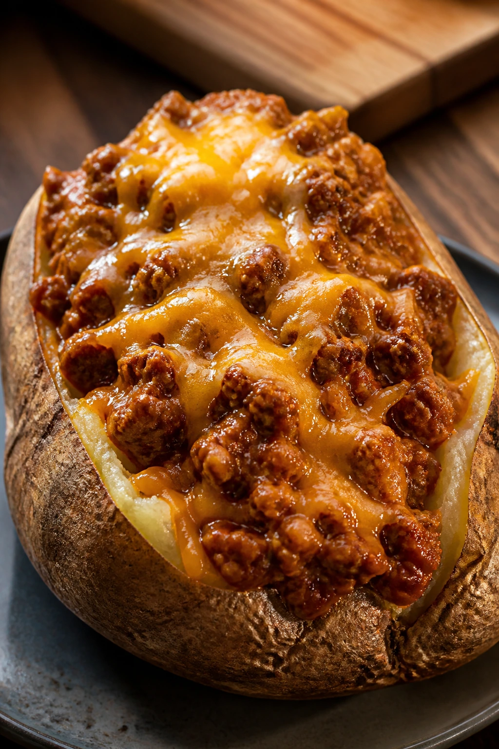 Close-up of a baked potato stuffed with sloppy joe filling.