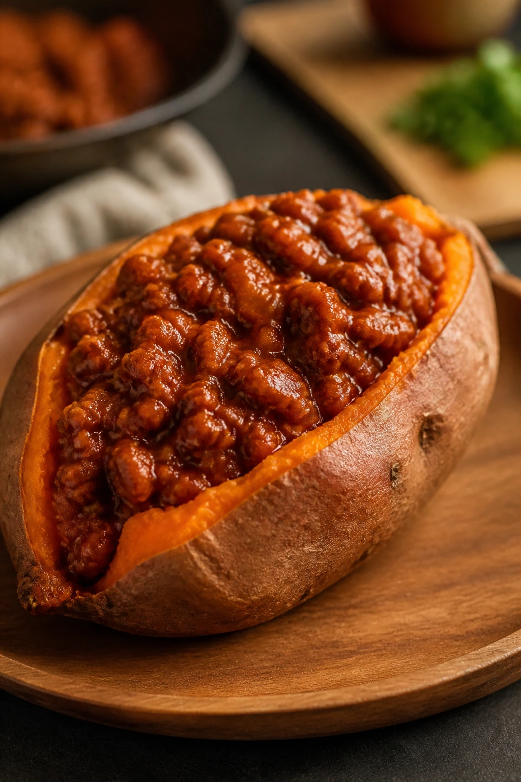 Halved sweet potato stuffed with sloppy joe filling on a wooden plate