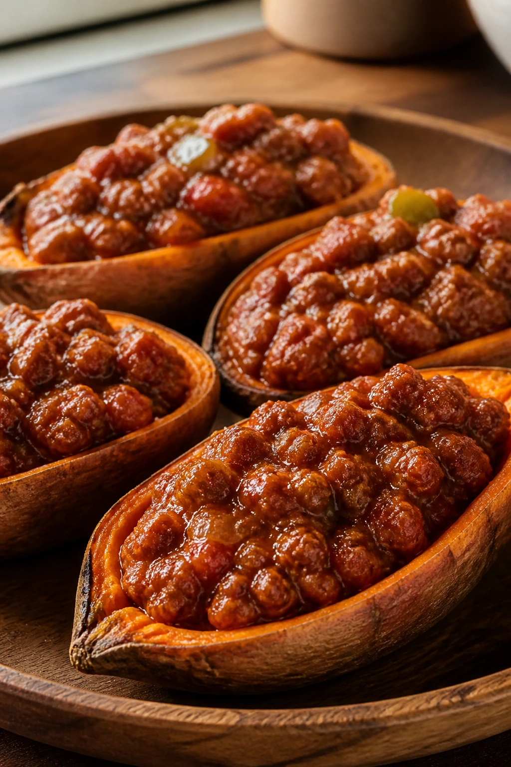 Close-up of sloppy joe stuffed sweet potato boats on a plate