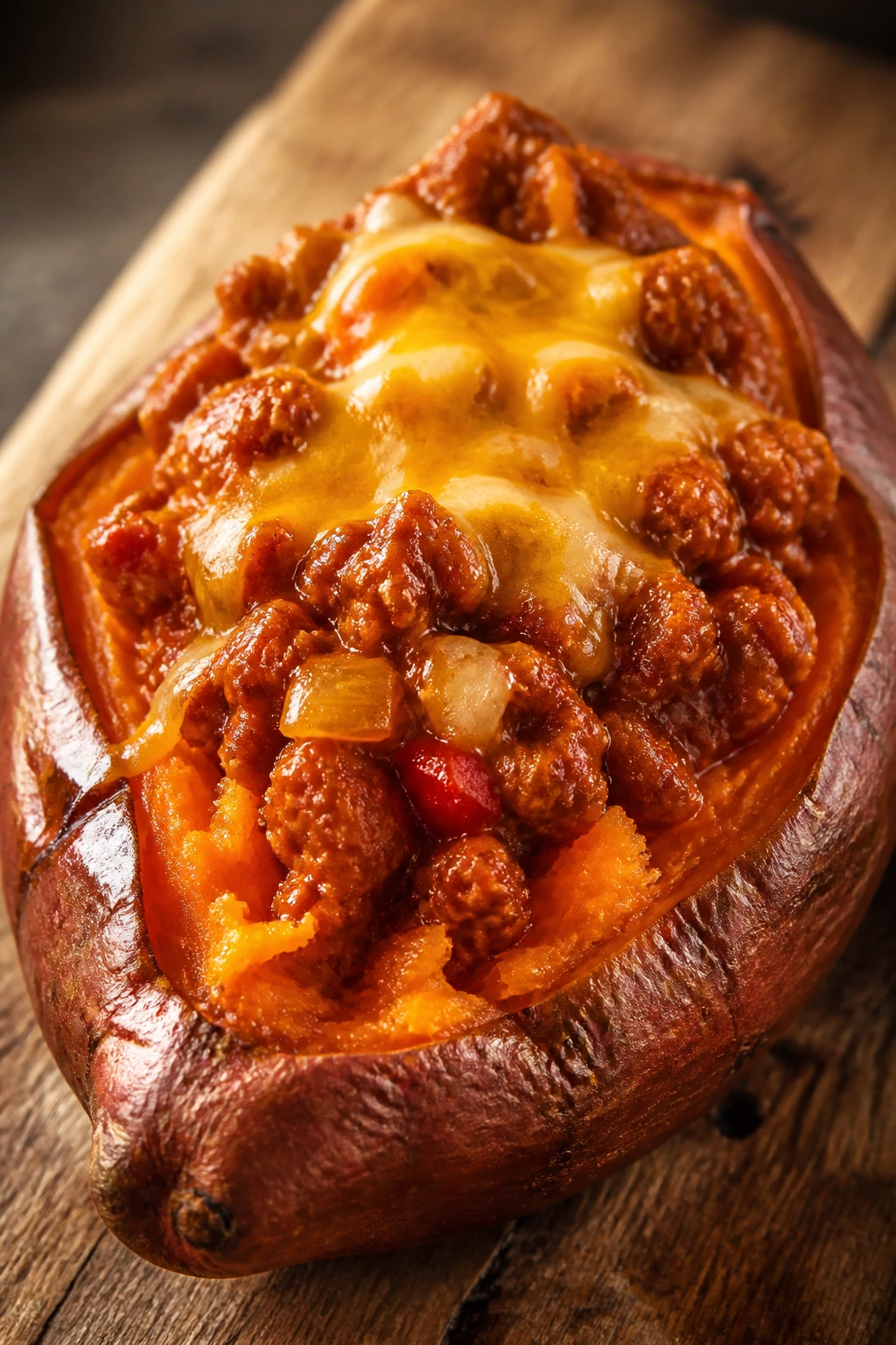 Close-up of a stuffed sweet potato with sloppy joe filling on a wooden board