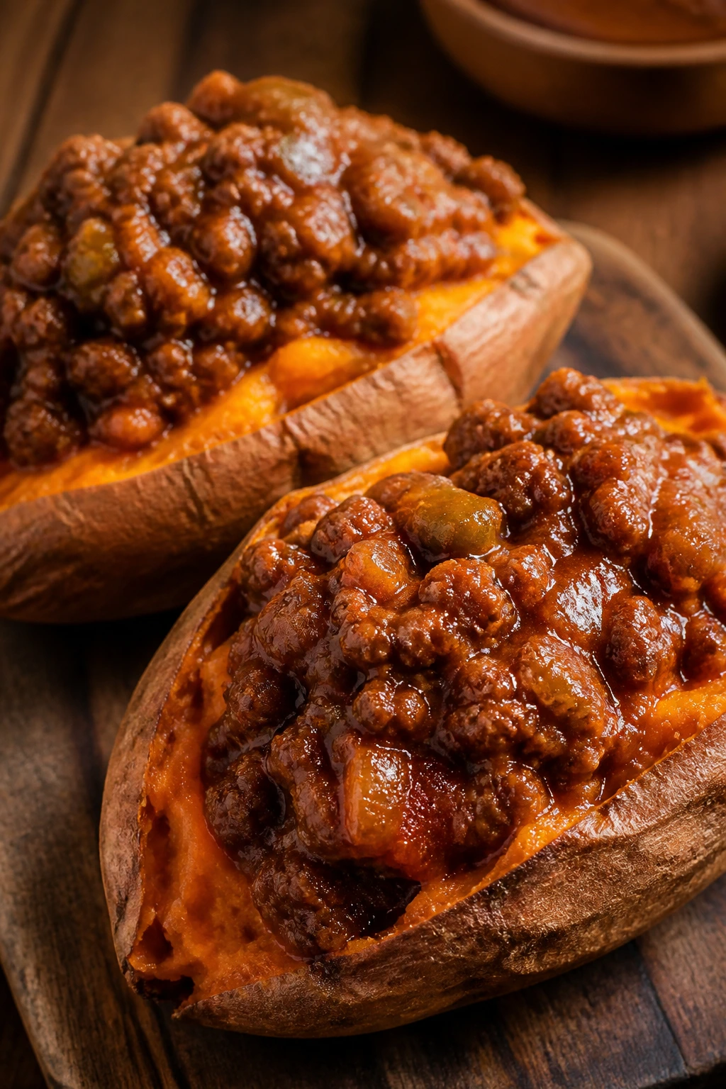 Two baked sweet potatoes stuffed with Sloppy Joe filling