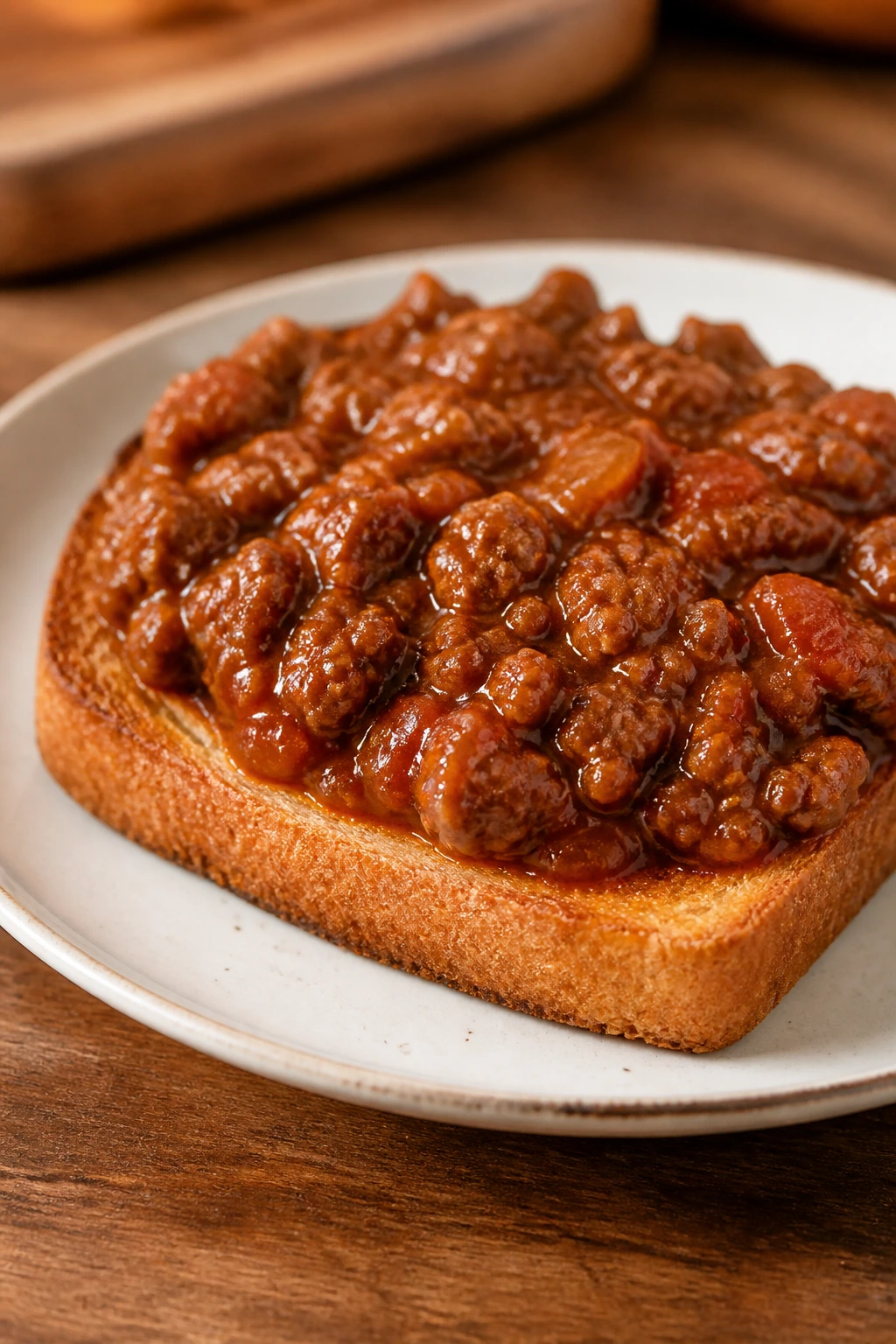 Close-up of sloppy joe on toast with saucy beef topping