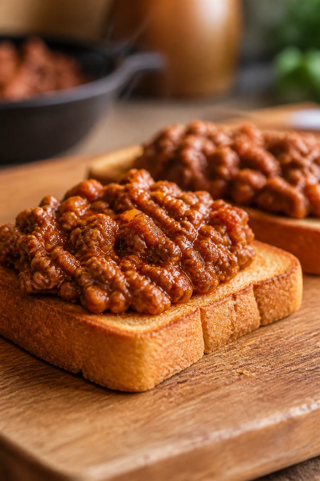 Toasted bread with sloppy joe topping on a wooden board