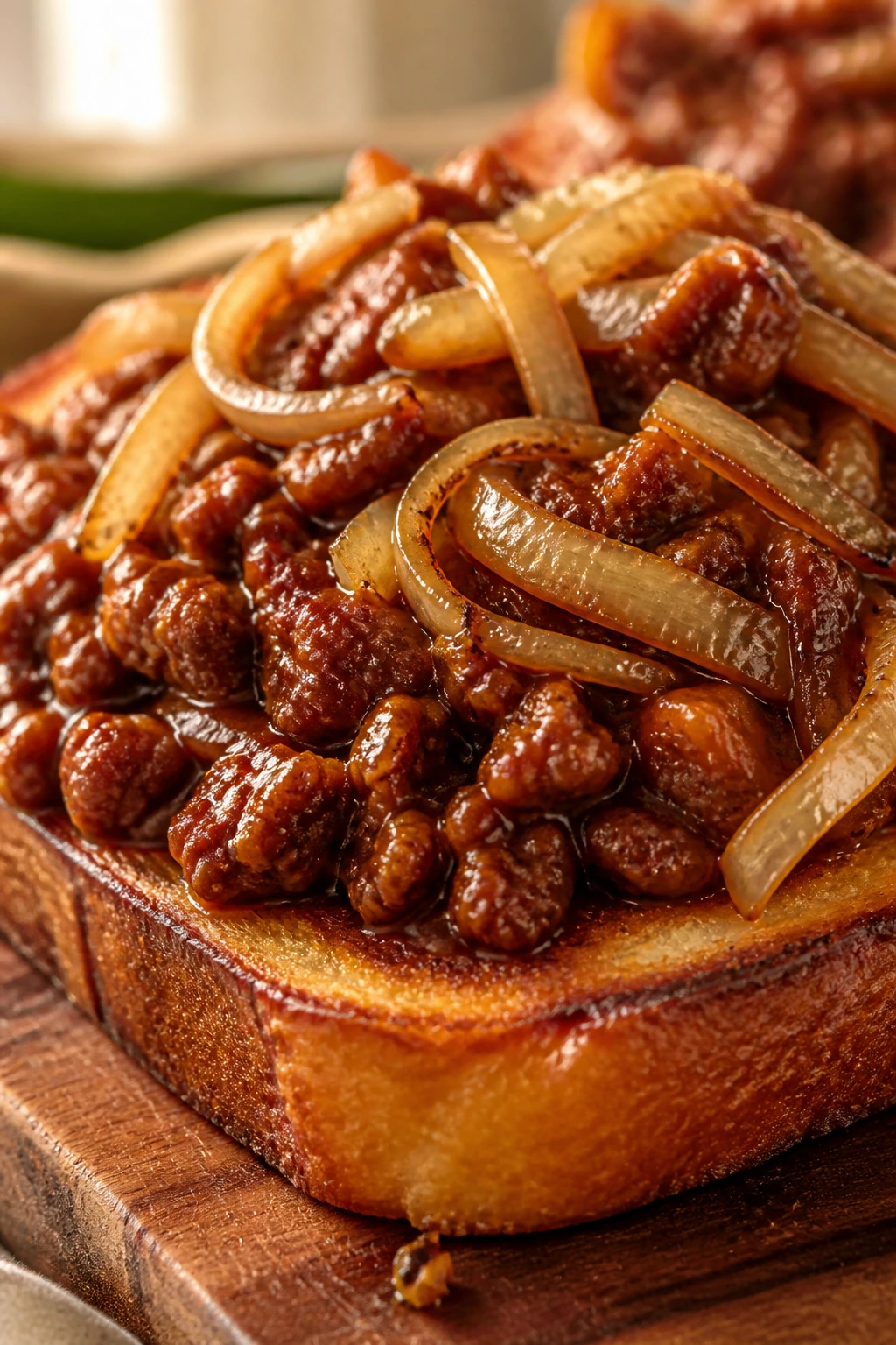 Sloppy joe topping on brioche toast with onions.