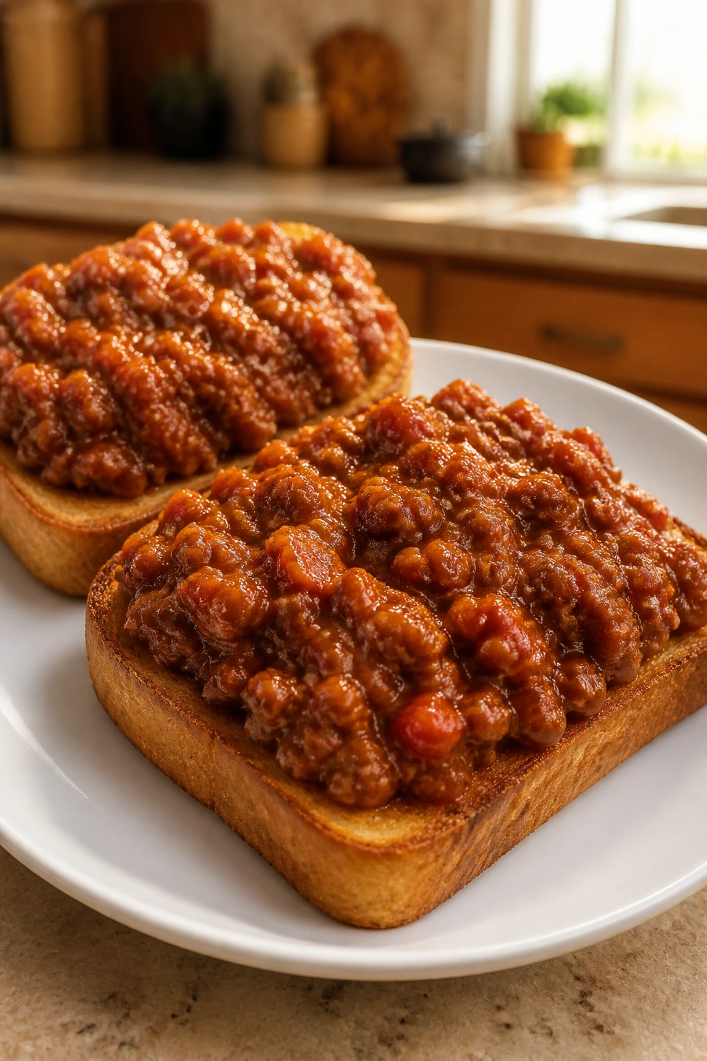 Two saucy sloppy joe toasts on a plate