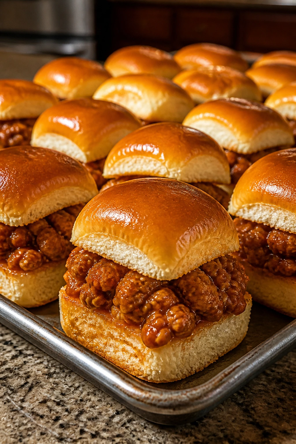 Close-up of mini turkey sloppy joe sliders on a baking sheet.