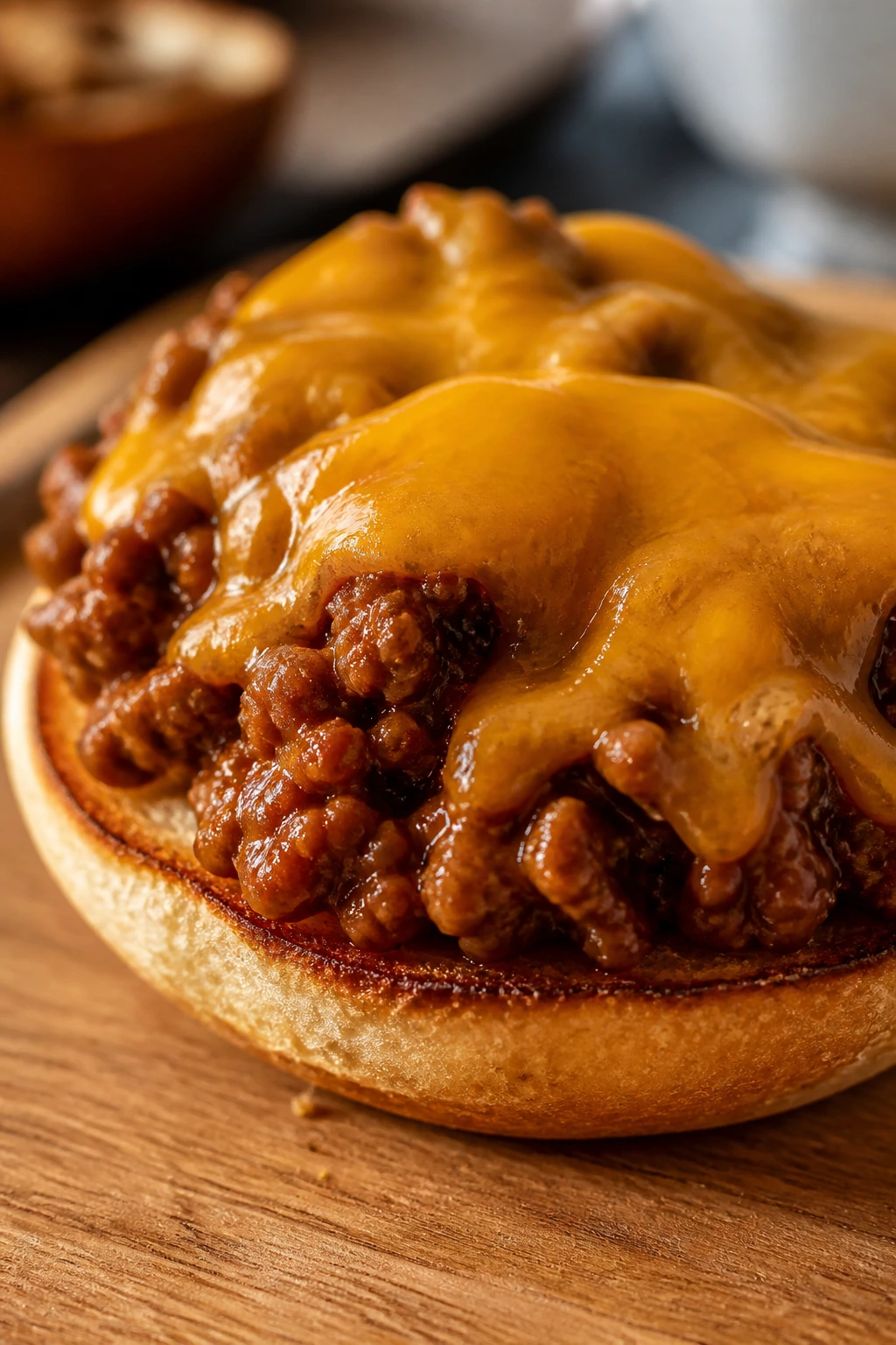 Open-faced sloppy joe with melted cheddar on toasted bun