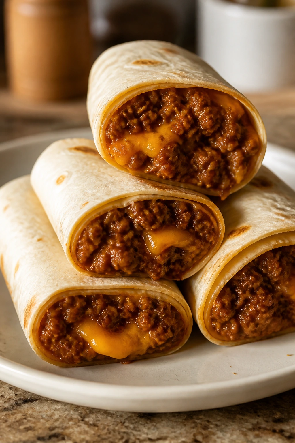 Close-up of sloppy joe roll-up showing thick filling and cheese