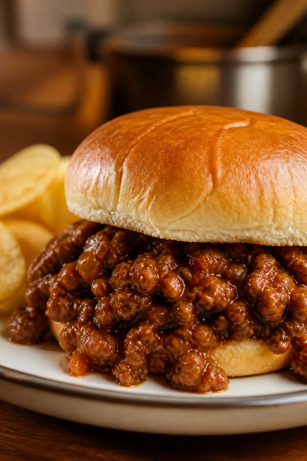 Sloppy Joe filling on plate with a toasted bun