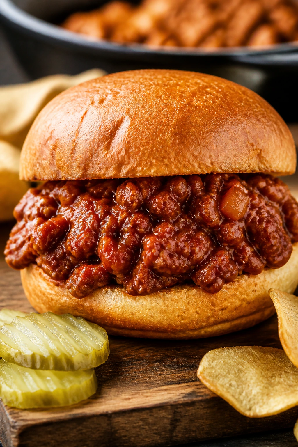 Close-up of a thick sloppy joe sandwich with glossy beef filling on a toasted bun