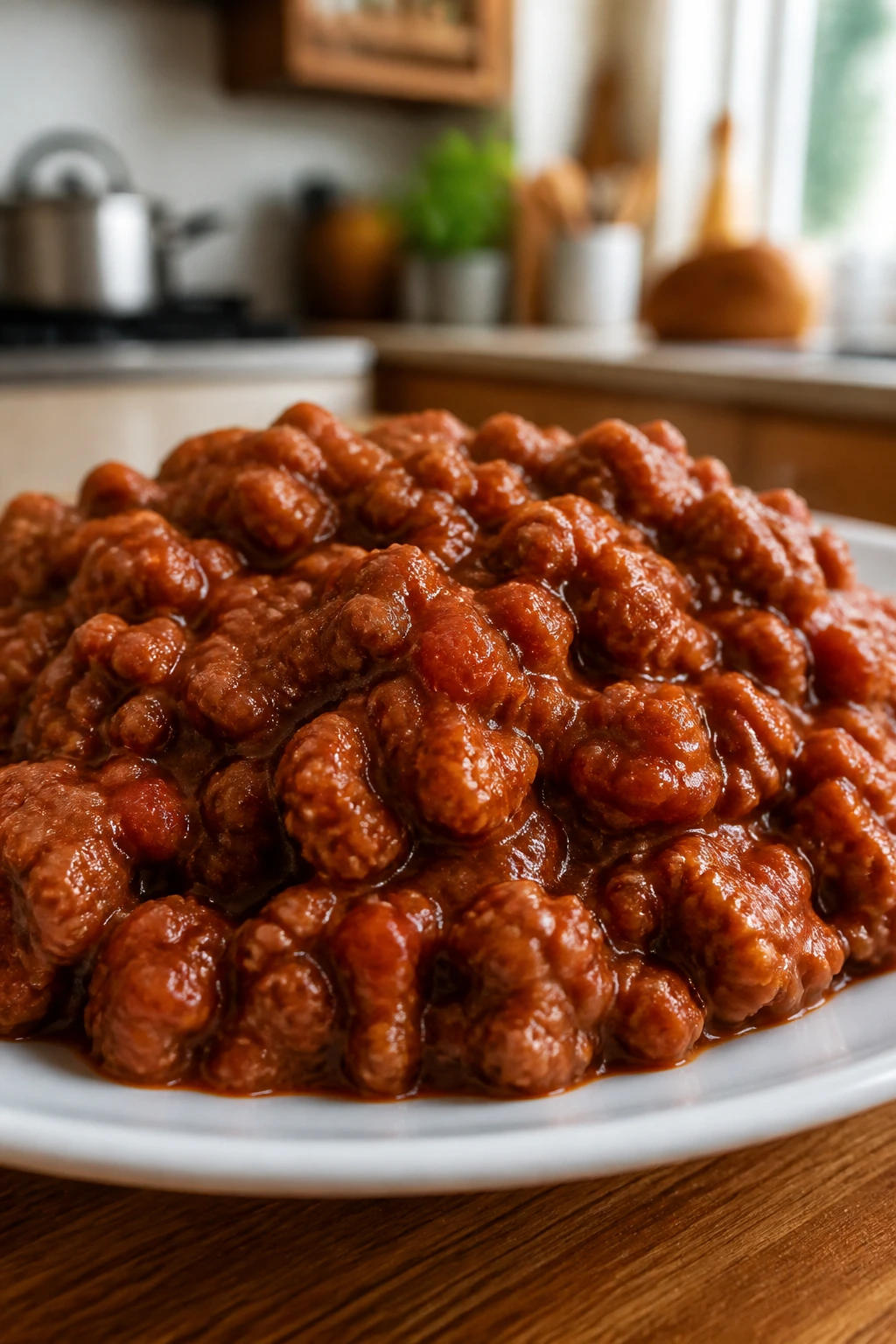 Glossy sloppy joes with beef and sausage on a plate