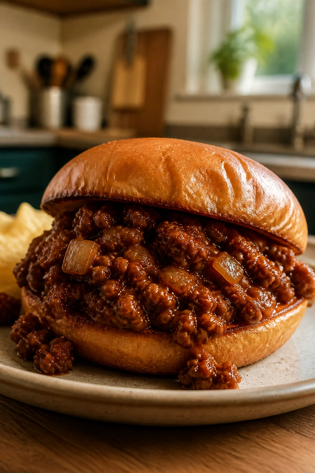 Close-up of a sloppy joe on a toasted bun with sauce
