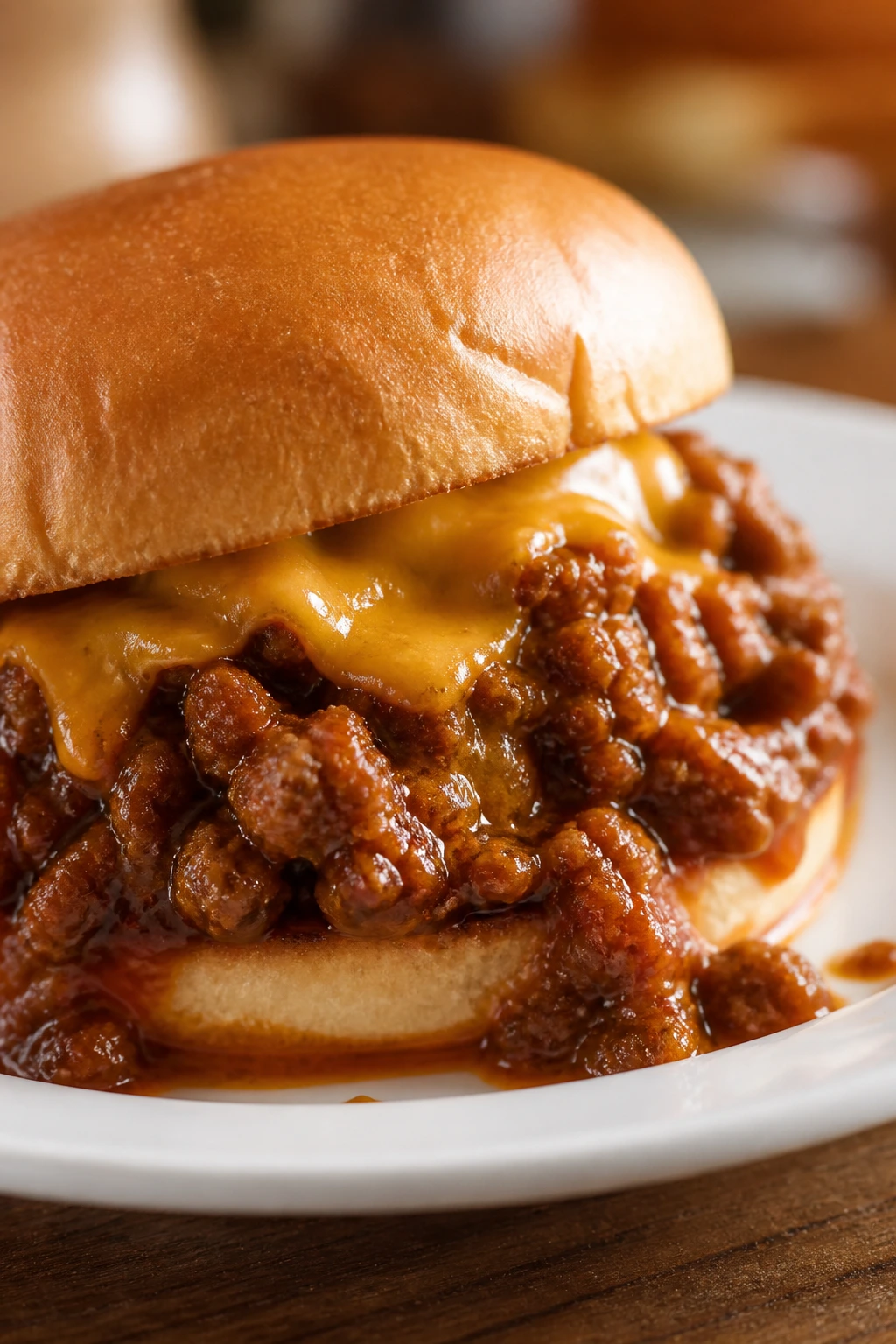 Saucy sloppy joe filling with melted cheese on a toasted bun