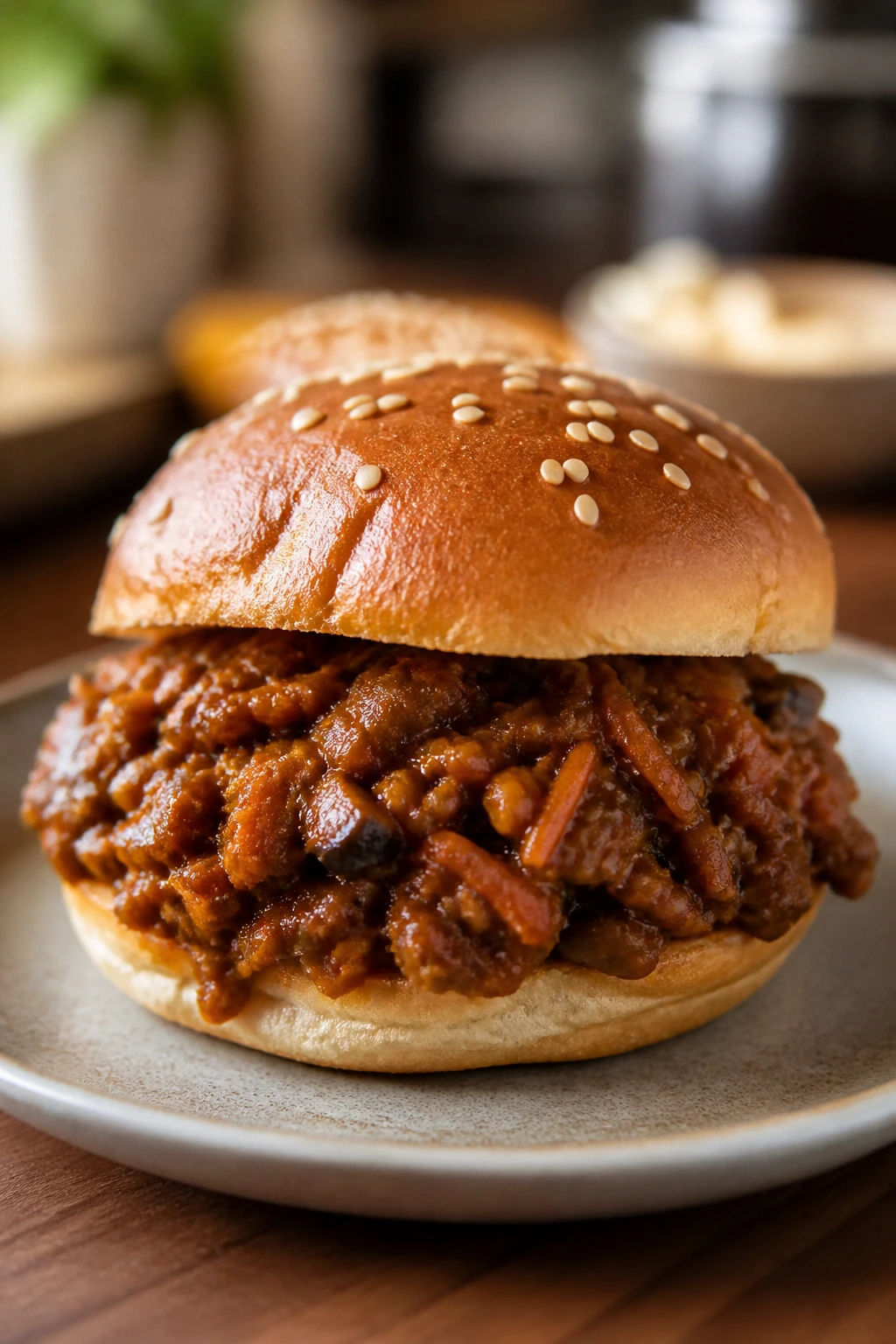 Close-up of mushroom-carrot sloppy joe sandwich with a glossy sauce