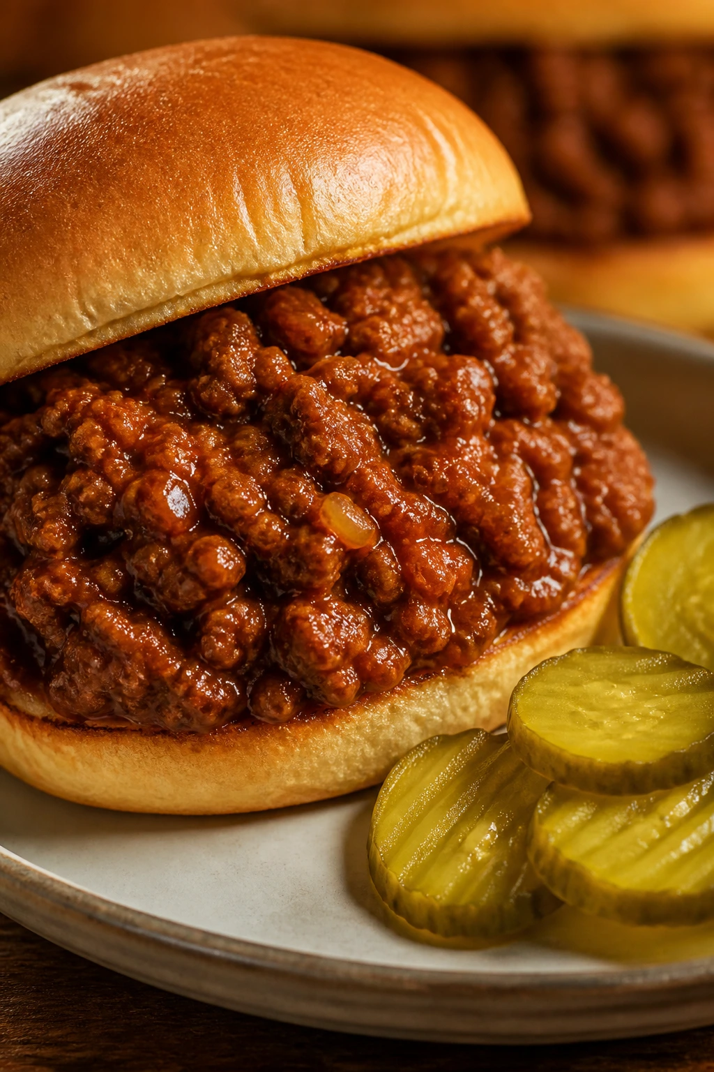 Close-up of sloppy joes on a bun with crisp pickles.