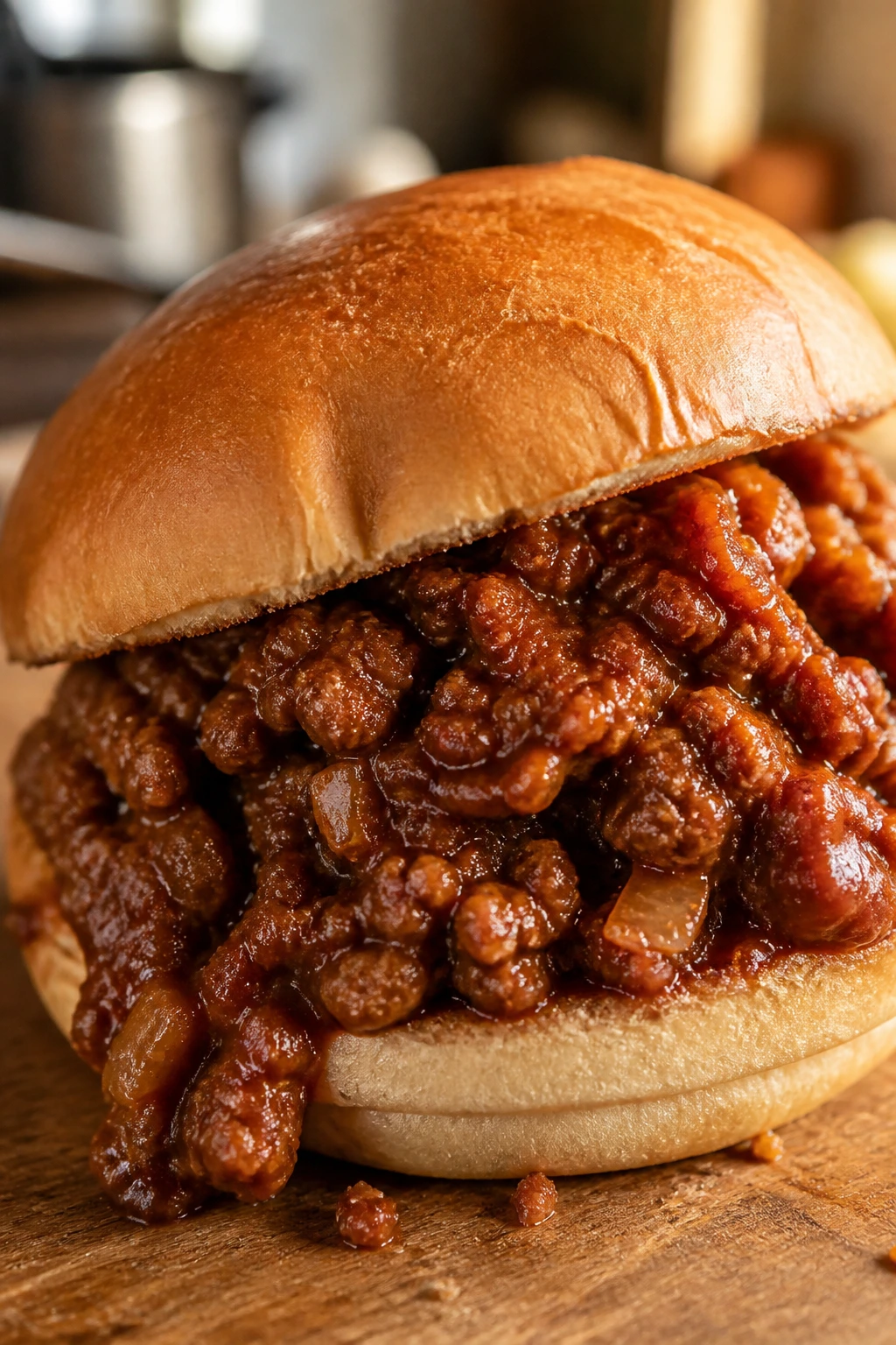 Sloppy joes sandwich with thick filling on a bun
