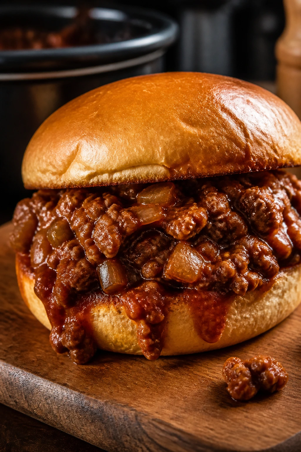 Close-up sloppy Joe sandwich with glossy sauce