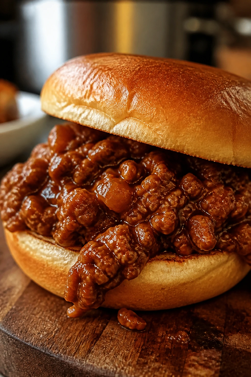 Close-up of a saucy sloppy joe sandwich on a bun with beef filling