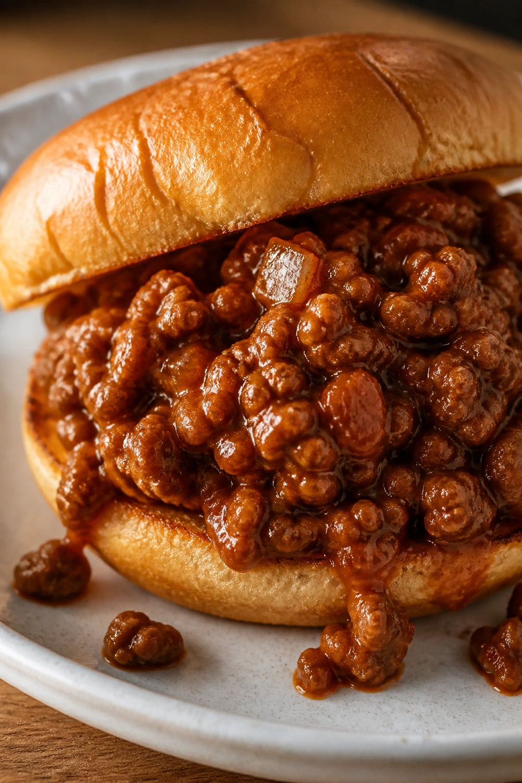 Close-up of messy Sloppy Joe on a toasted bun with glossy sauce.
