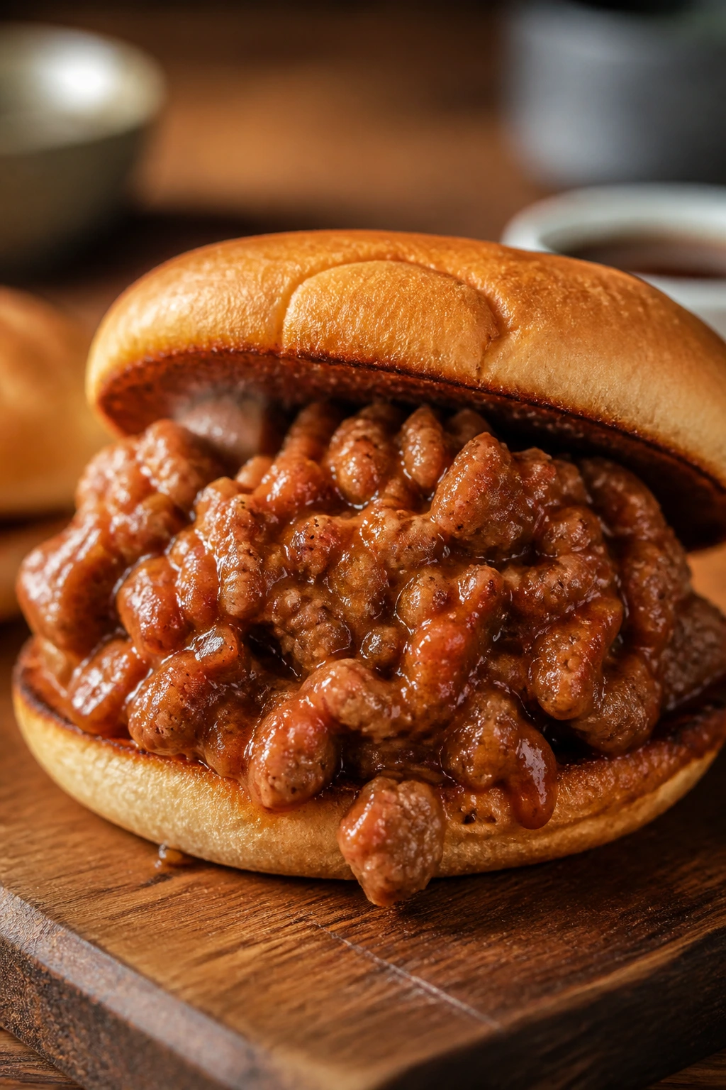 Messy sausage sloppy joe sandwich half on a board