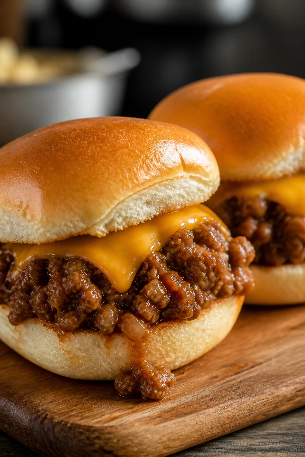 Close-up of two sloppy joe sliders on a wooden board