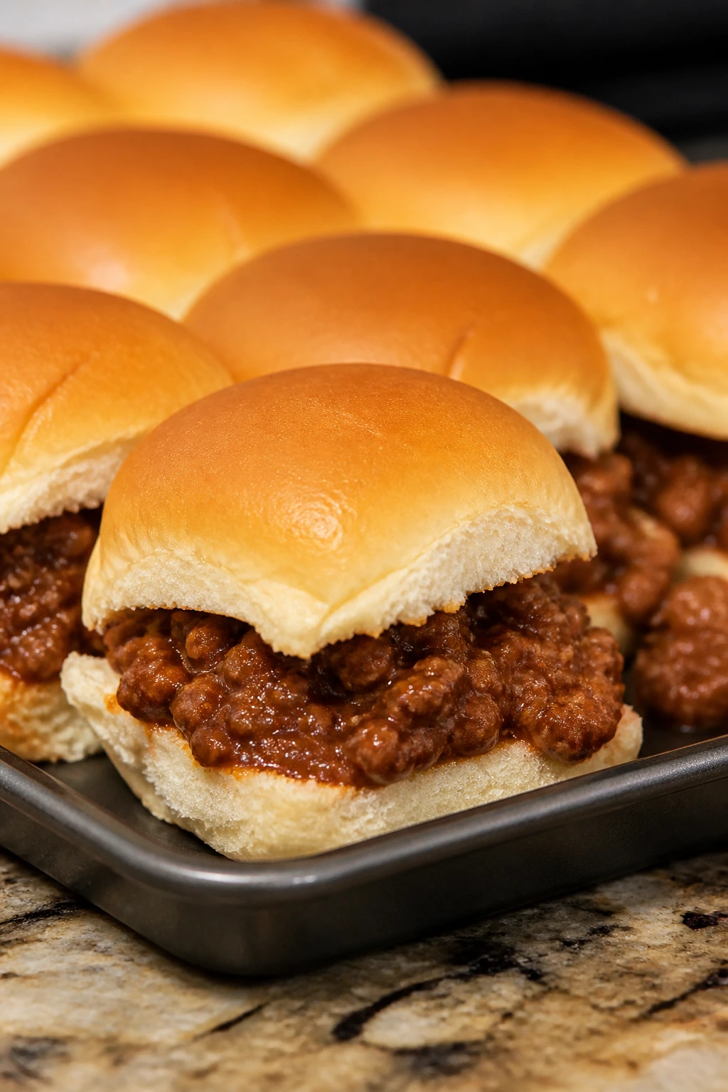 Close-up sloppy joe sliders on soft buns with glossy sauce