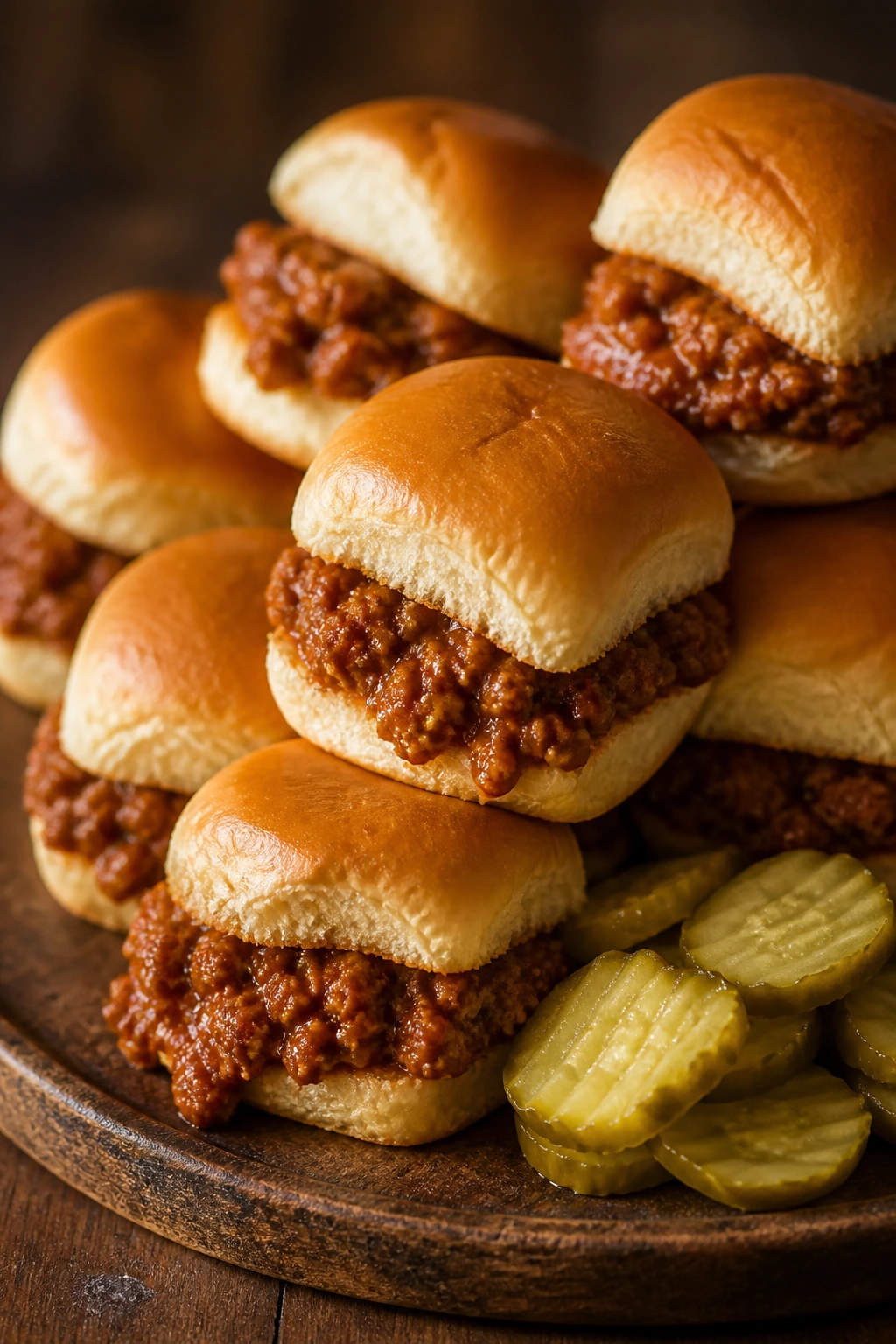 Close-up of sloppy joe sliders with pickles on a rustic platter