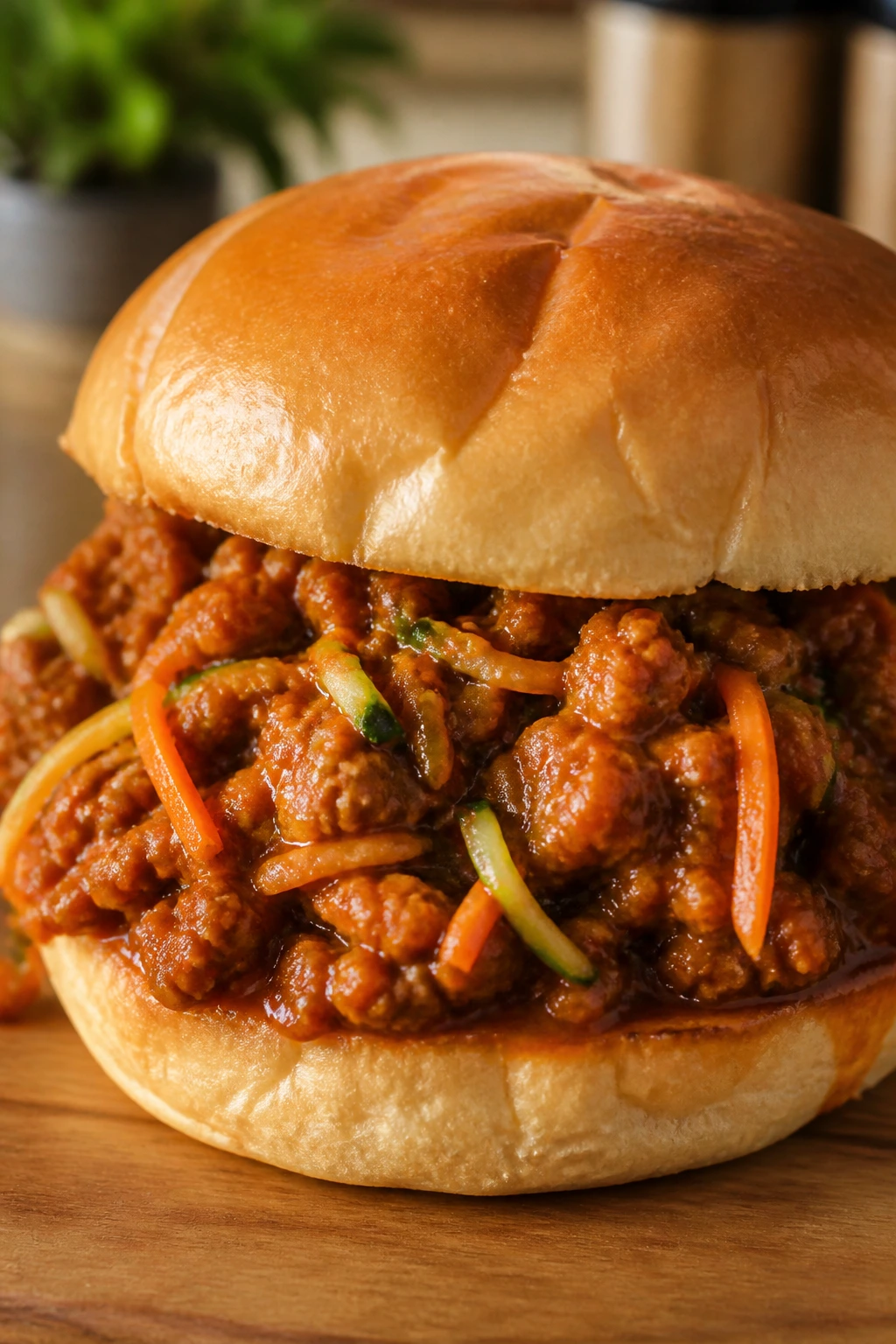 Close-up of a sloppy joe with hidden veggies in glossy sauce