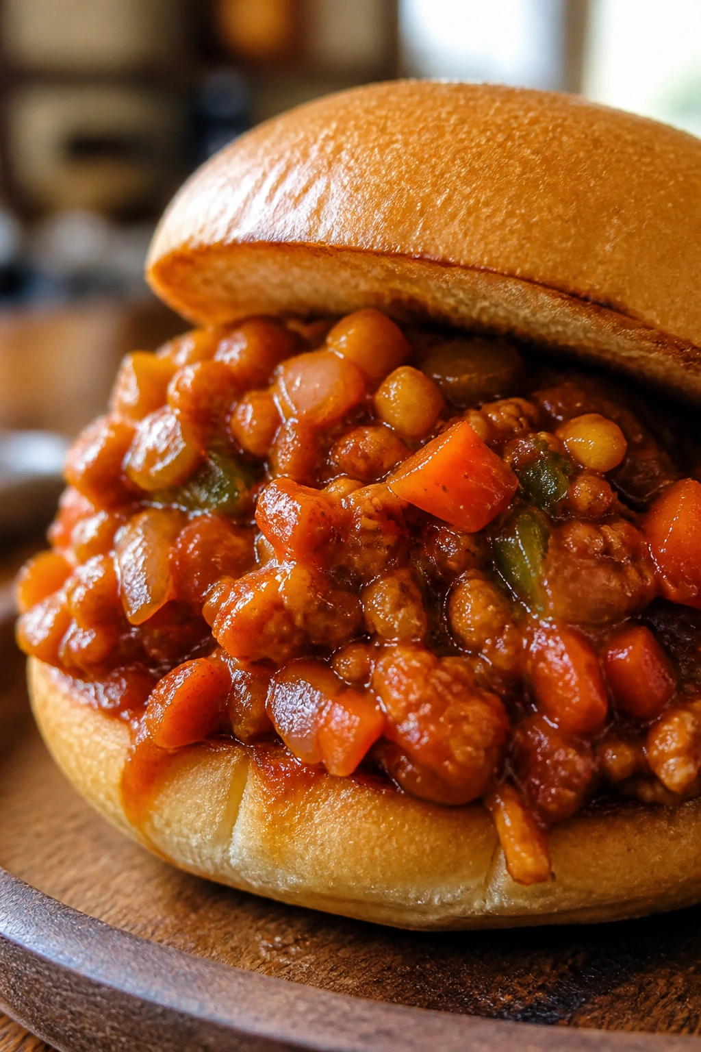 Close-up of veggie laden sloppy joes filling in a toasted bun on a rustic plate in a warm kitchen