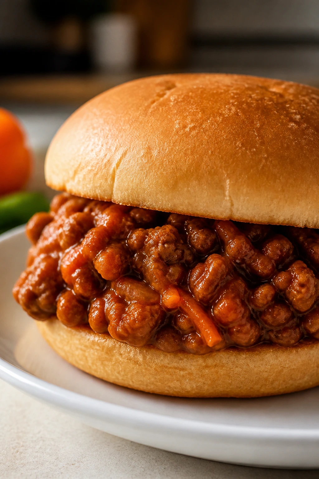 Juicy hidden-veggie sloppy joes on a bun on a plate.