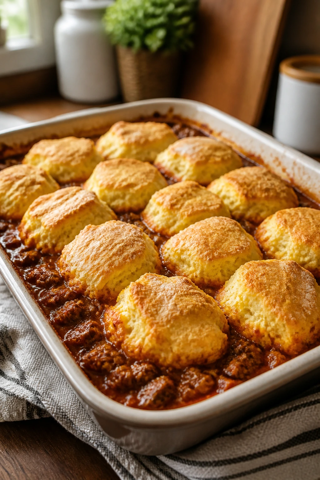 Close-up of a golden Sloppy Joe Biscuit Bake in a baking dish.