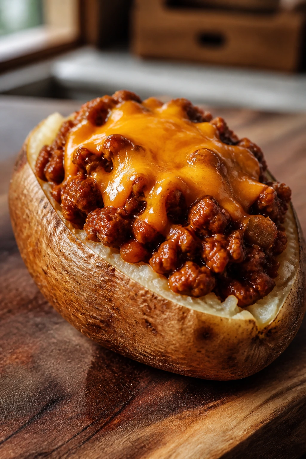 Close-up of a halved russet potato stuffed with sloppy joe and melted cheddar