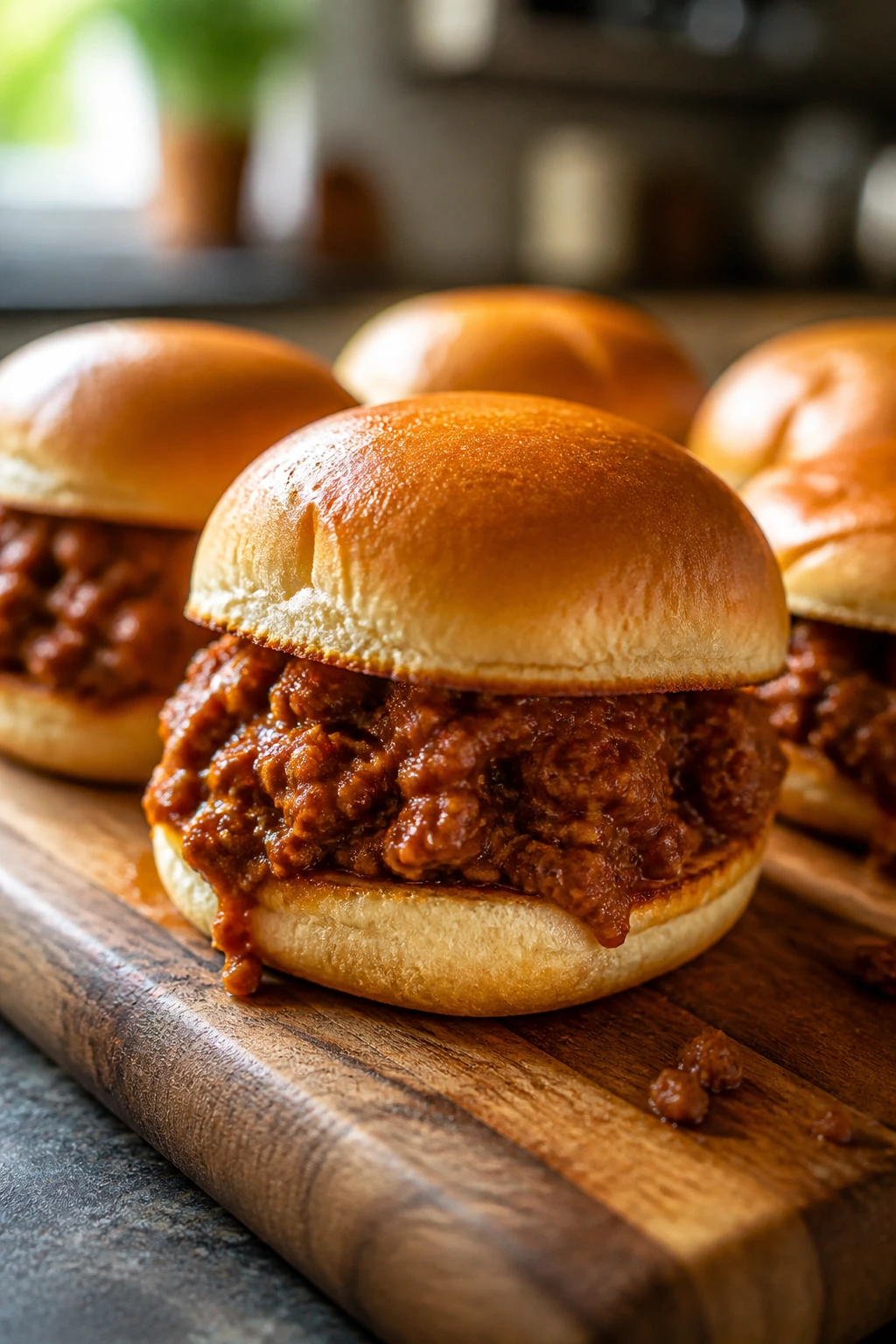 Close-up of saucy sloppy joe sliders on a wooden board in warm kitchen light