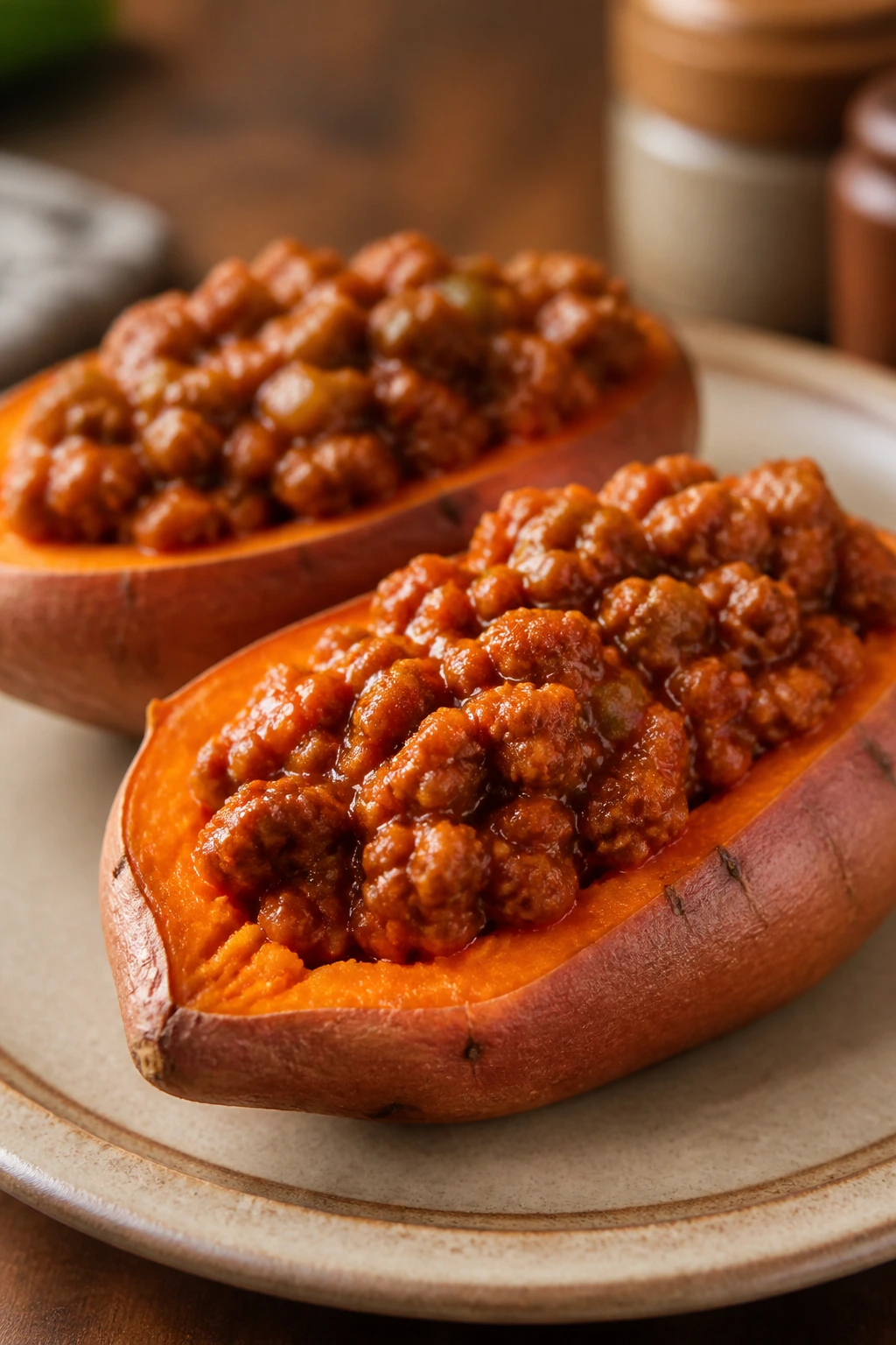 Two stuffed sweet potatoes with sloppy joe filling on a plate