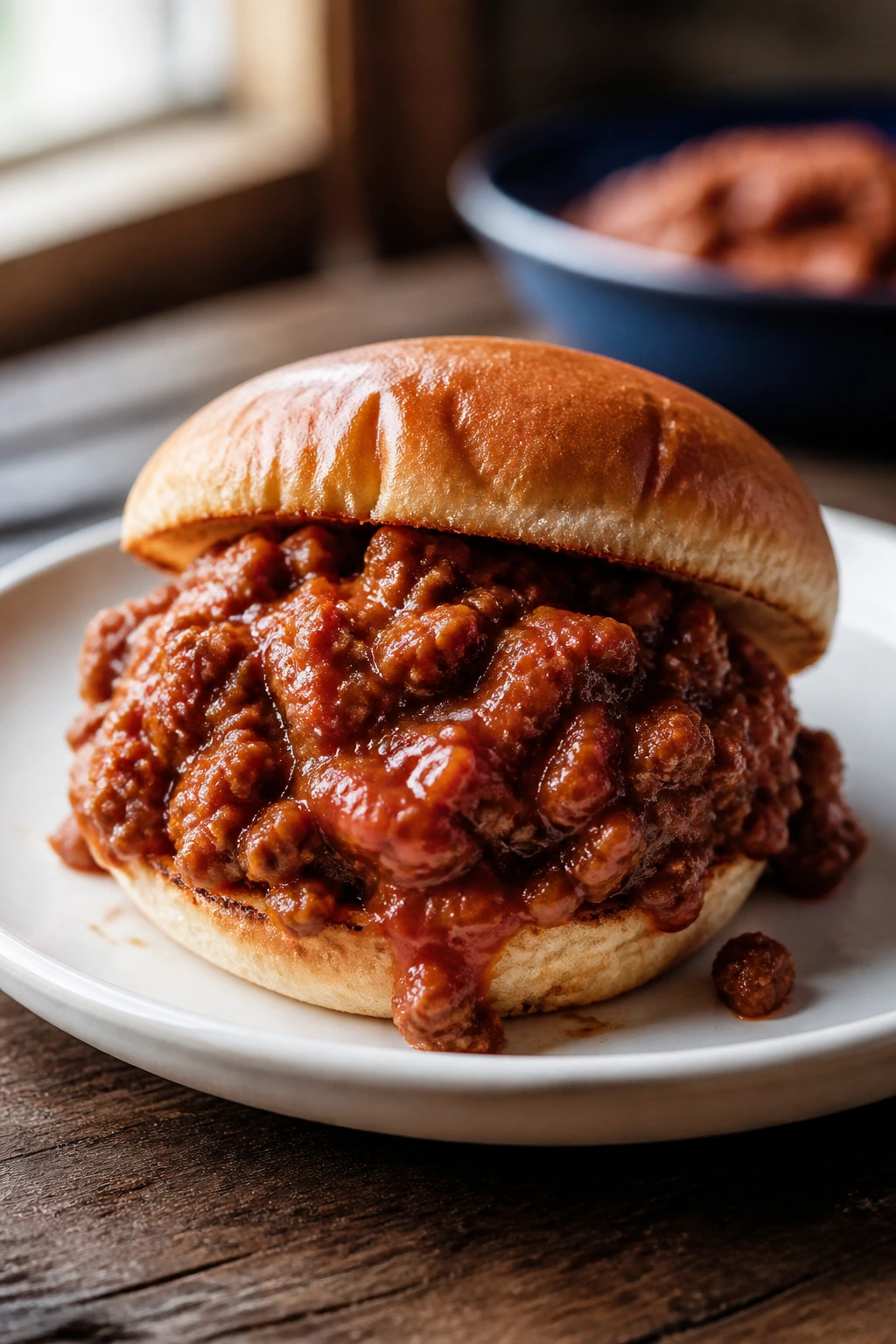 Close-up of sloppy joes filling on a bun with thick tomato sauce