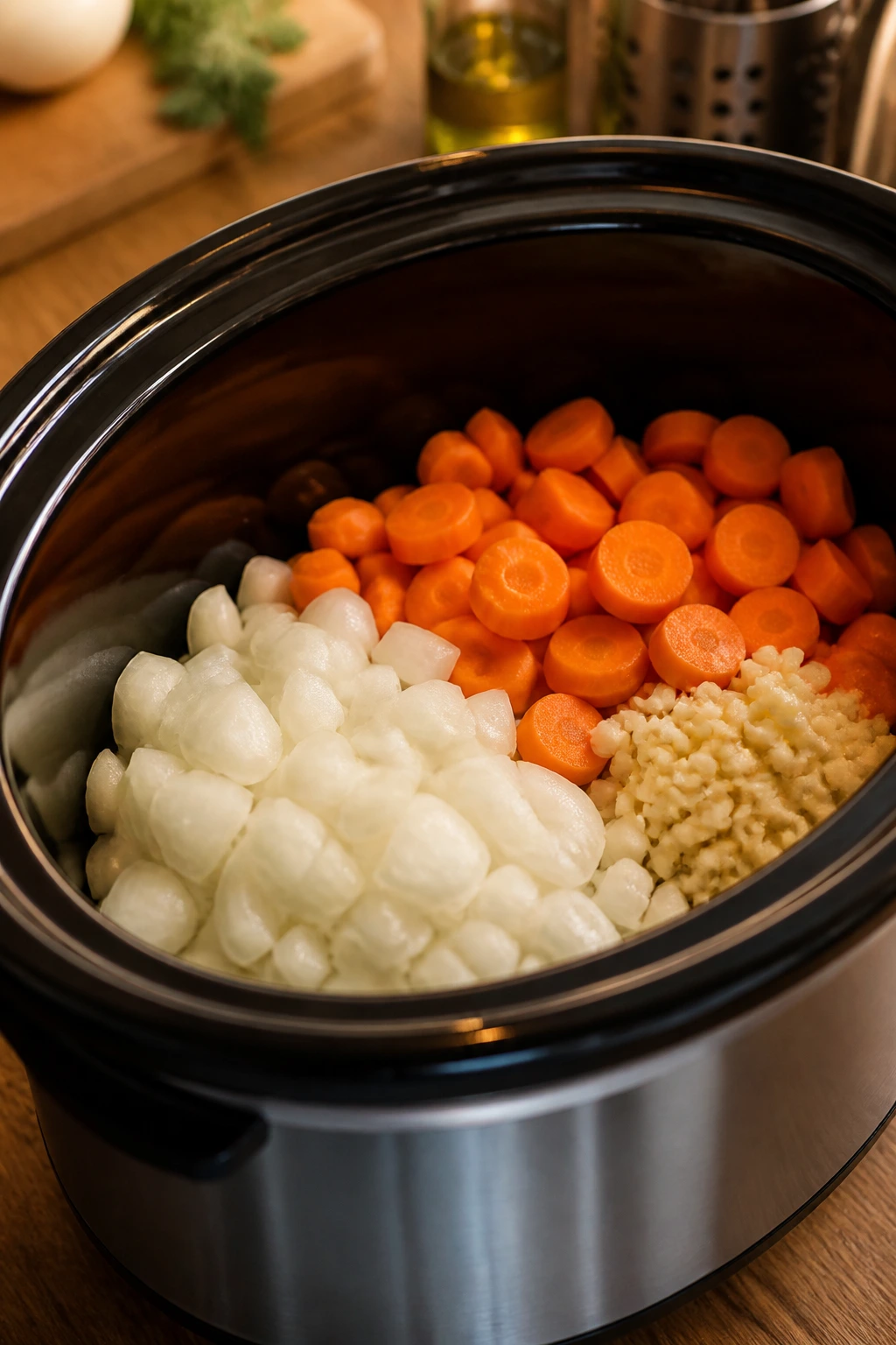 Slow cooker insert with chopped aromatics ready to cook